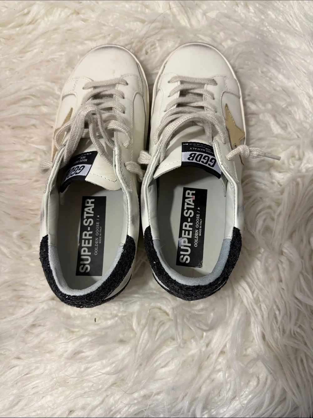 Golden Goose Super Star White Low-Top Sneaker with Beige Star and Black Glitter - Picture 6 of 11